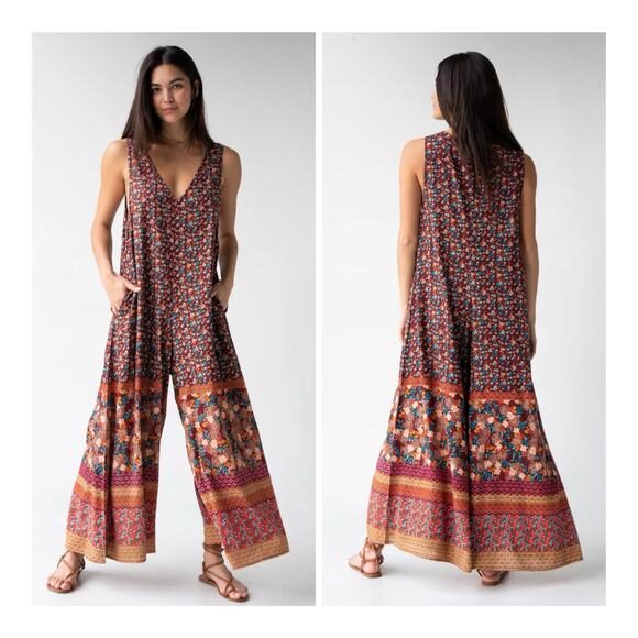 Natural Life Let's Just Go Wide-Leg Bohemian V-Neck 70s Floral Jumpsuit S/M - Picture 1 of 15